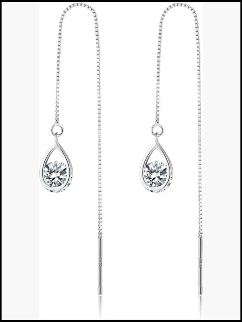 Solid 925 Sterling Silver CZ Droplet Chain Dangle Earrings Threader Teen Jewelry